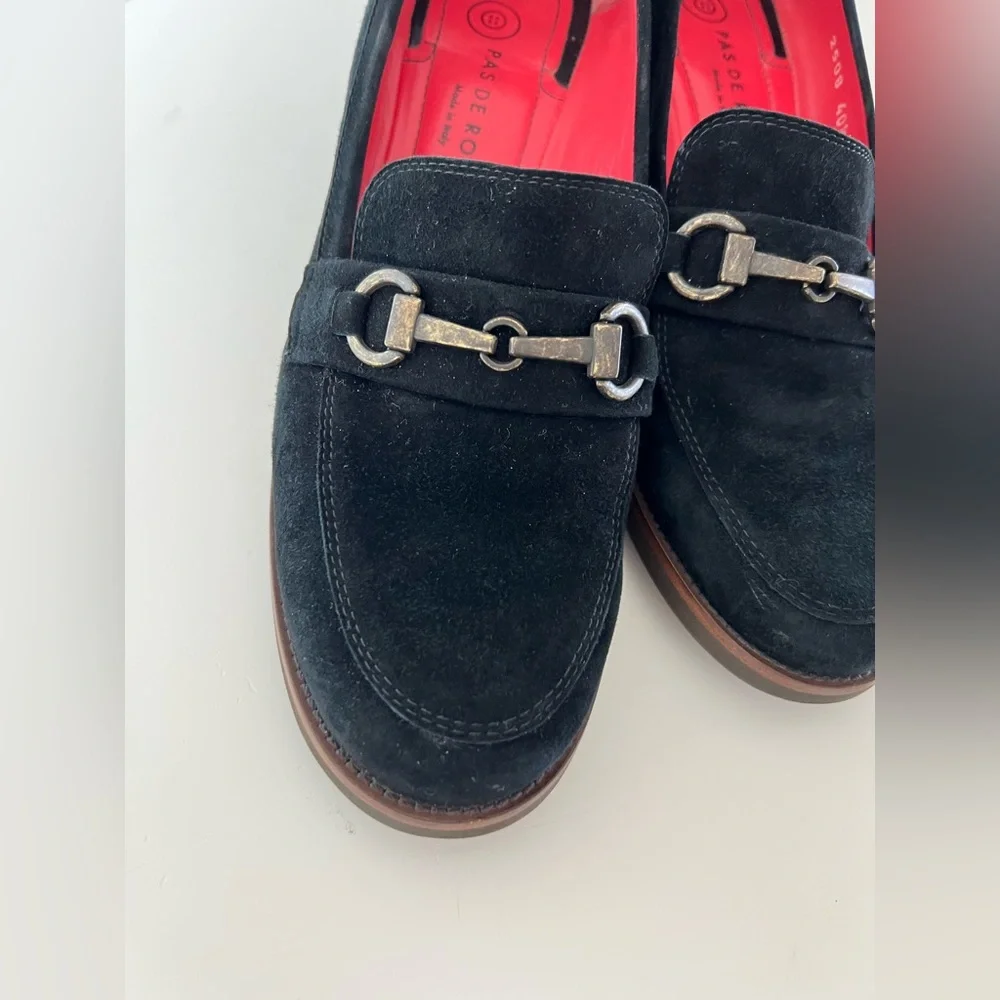 Pas De Rouge‎ Flavia 2508 Horse Bit Round Toe Black Suede Slip-On Heeled Loafer